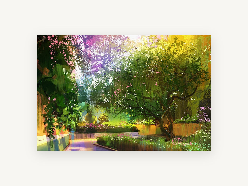 Sunlit Garden Path, colourful sunlit garden path digital art, landscape canvas wall art print, front view