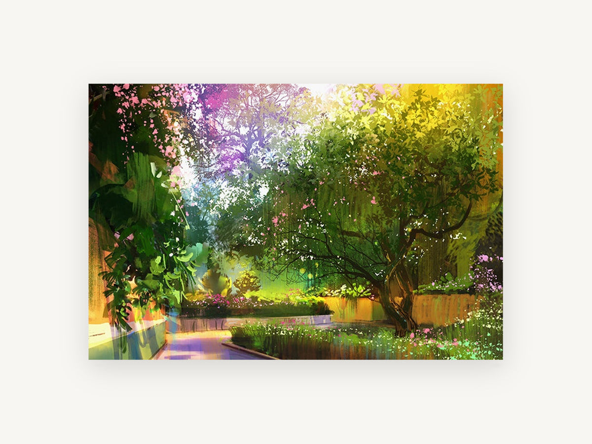 Sunlit Garden Path, colourful sunlit garden path digital art, landscape canvas wall art print, front view