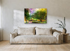 Sunlit Garden Path landscape canvas print on the wall of a living room
