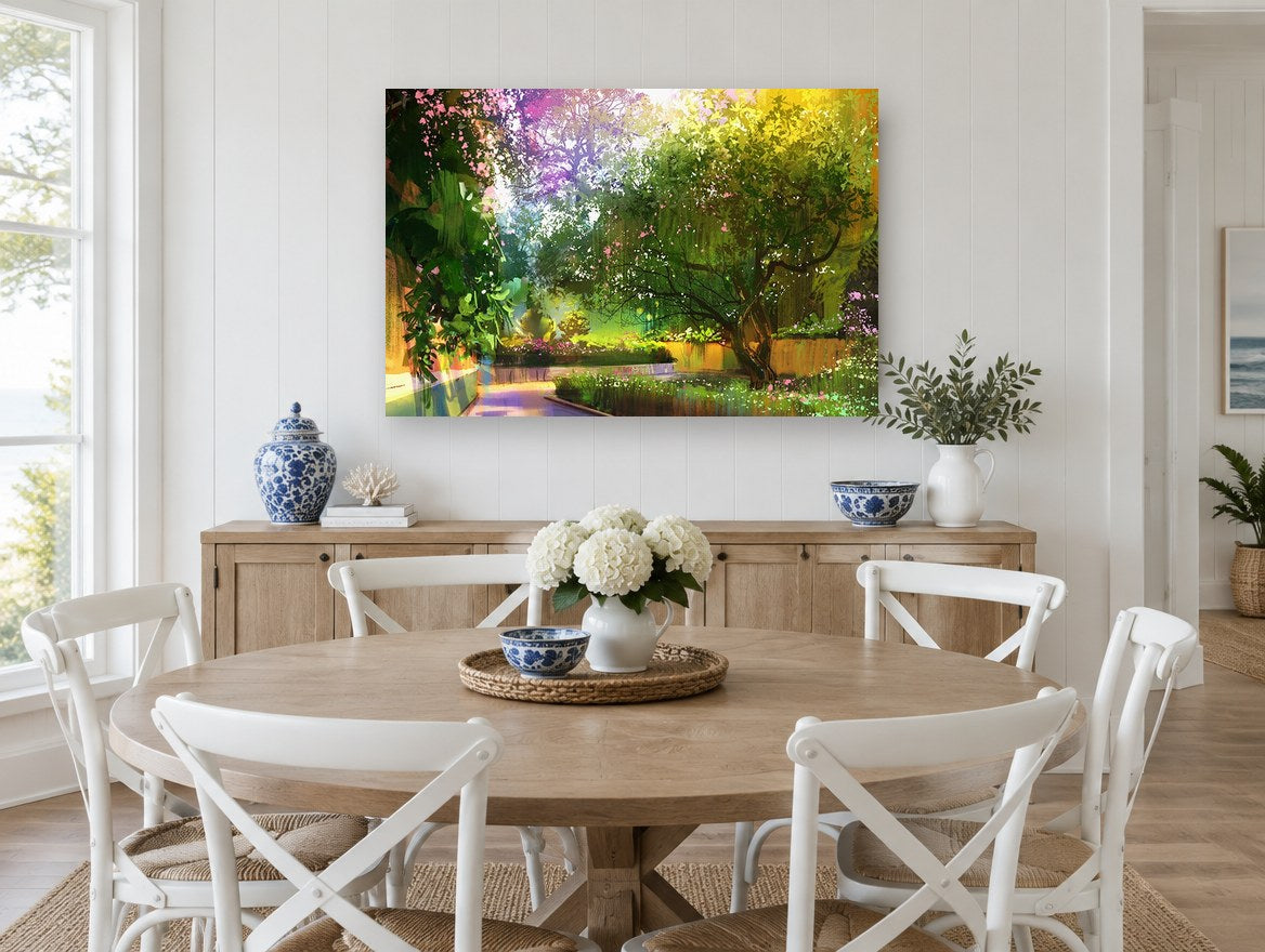 Sunlit Garden Path landscape canvas print on the wall of a Hamptons dining room