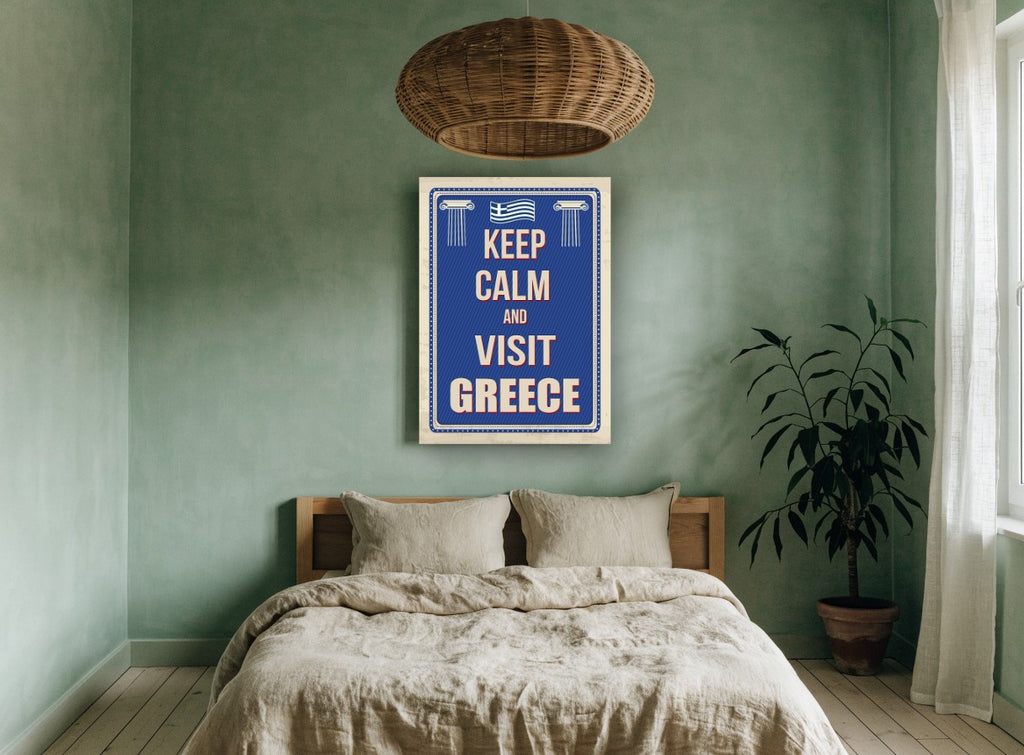 Keep Calm Greece vintage canvas print on the wall of a bedroom
