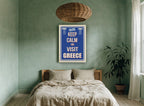 Keep Calm Greece vintage canvas print on the wall of a bedroom