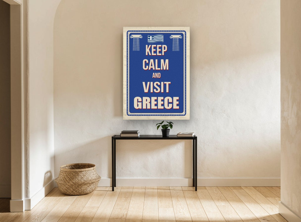 Keep Calm Greece vintage canvas print on the wall of a hallway