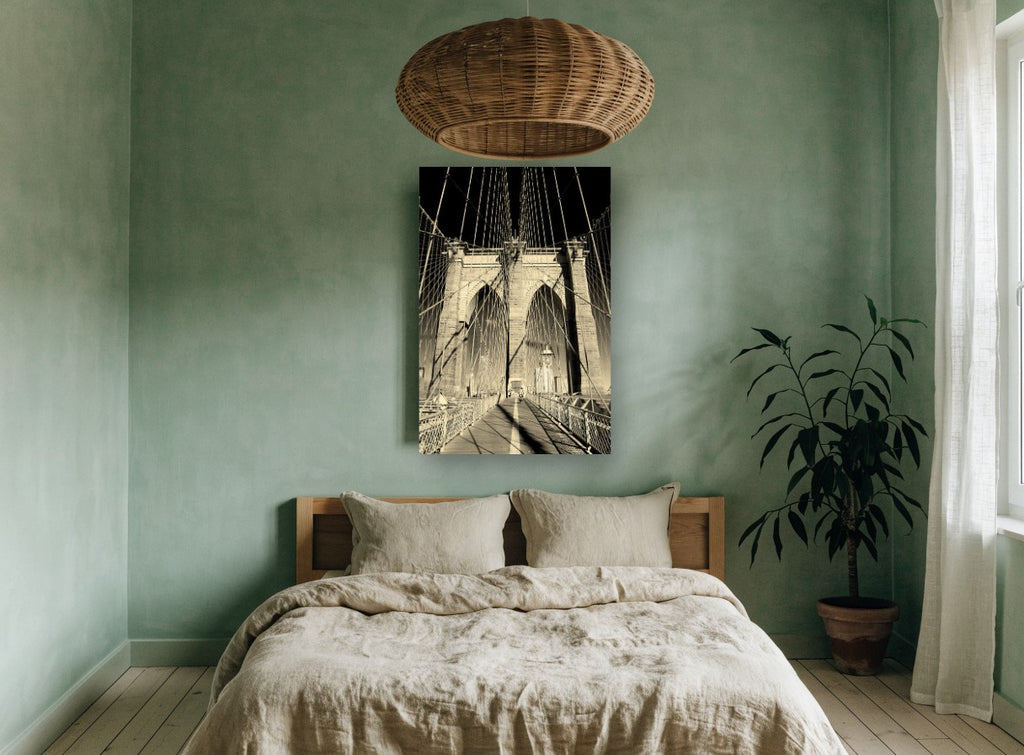 Sepia Brooklyn Bridge Archways city canvas print on the wall of a bedroom