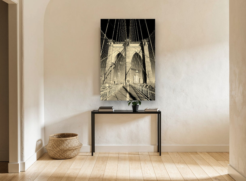 Sepia Brooklyn Bridge Archways city canvas print on the wall of a hallway