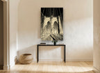 Sepia Brooklyn Bridge Archways city canvas print on the wall of a hallway