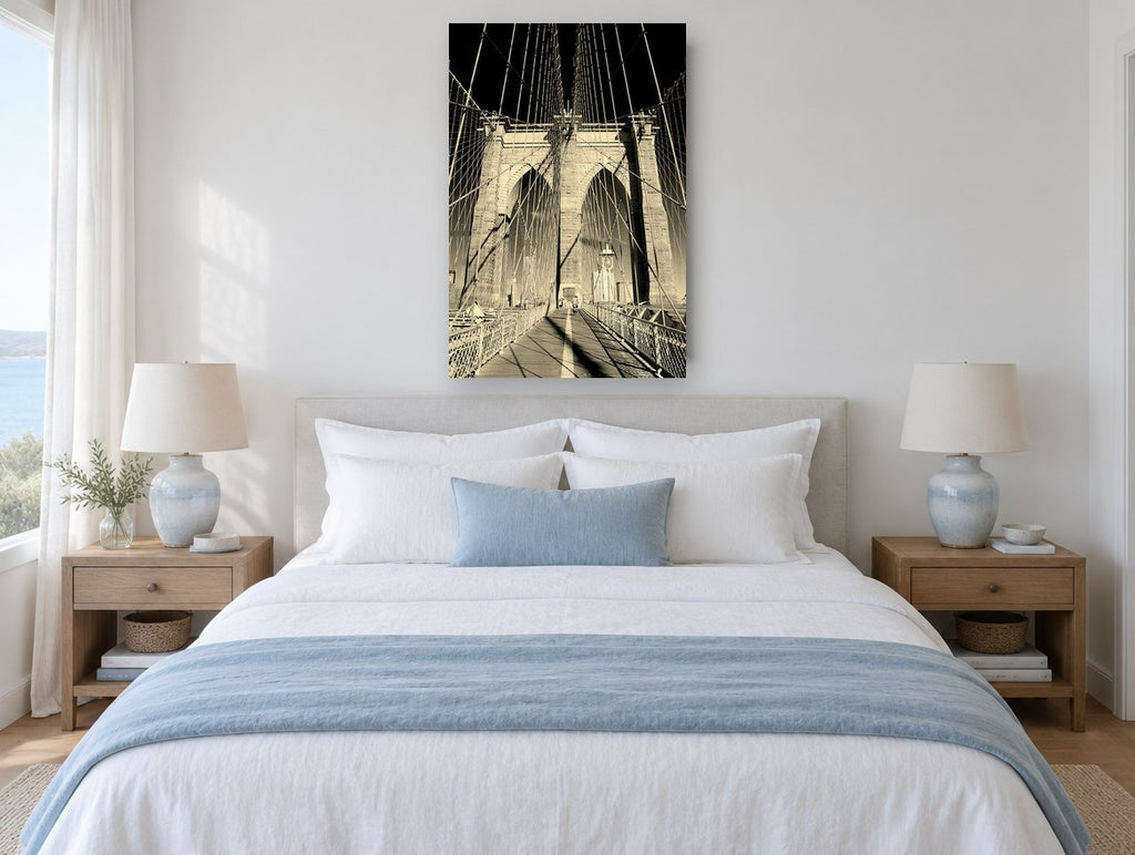Sepia Brooklyn Bridge Archways city canvas print on the wall of a bedroom