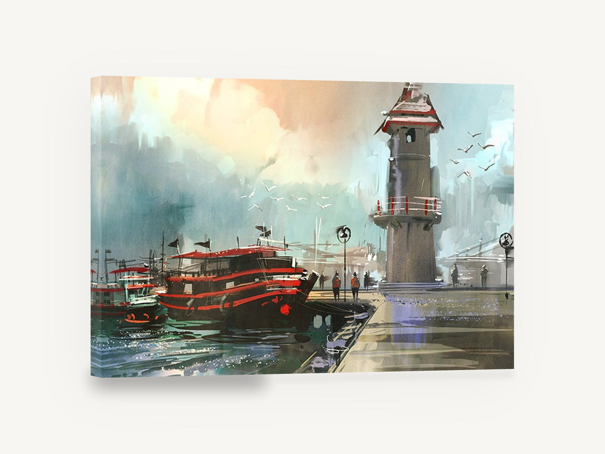 Red Boats at Lighthouse Quay, fishing boat harbour lighthouse artwork, coastal canvas wall art print ready to hang