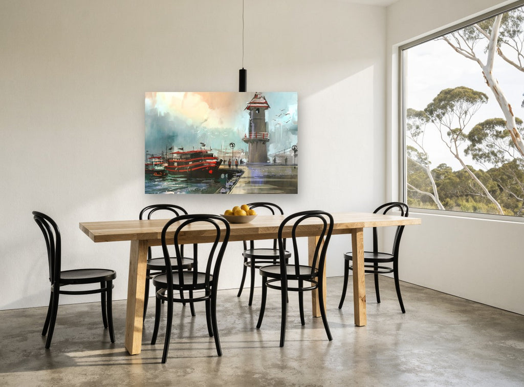 Red Boats at Lighthouse Quay coastal canvas print on the wall of a dining room