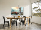 Red Boats at Lighthouse Quay coastal canvas print on the wall of a dining room