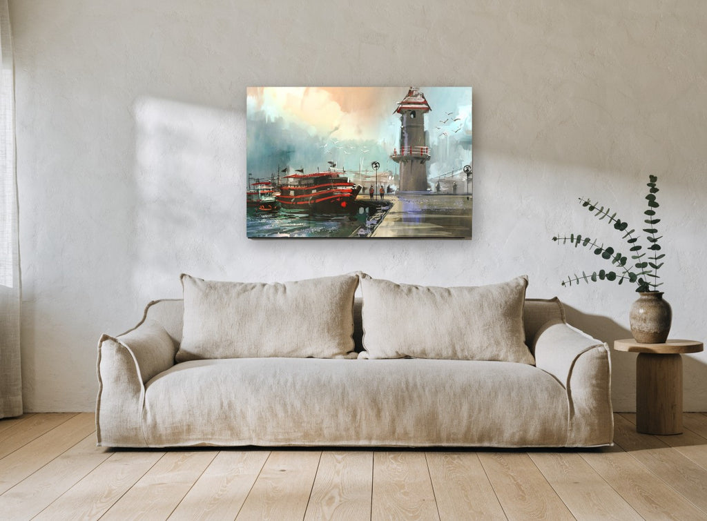 Red Boats at Lighthouse Quay coastal canvas print on the wall of a living room