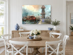 Red Boats at Lighthouse Quay coastal canvas print on the wall of a Hamptons dining room