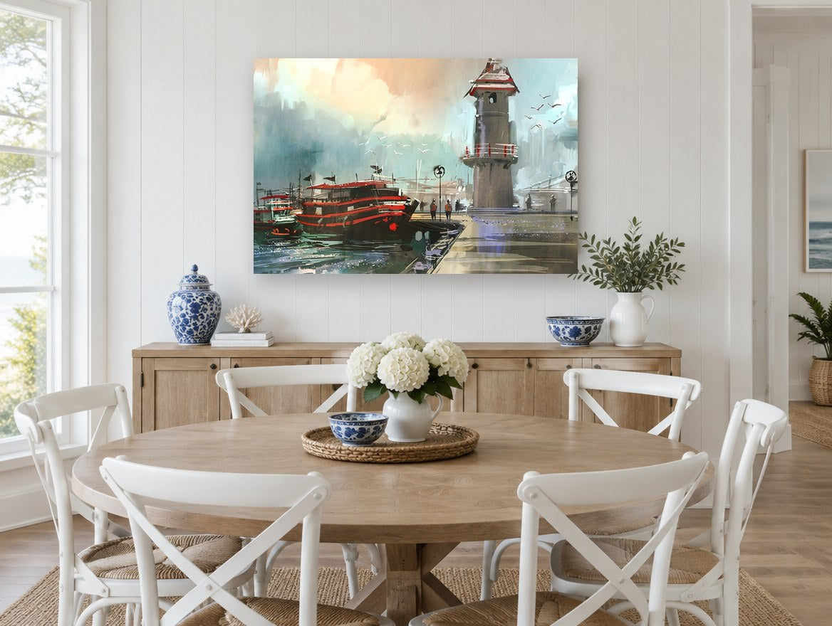Red Boats at Lighthouse Quay coastal canvas print on the wall of a Hamptons dining room