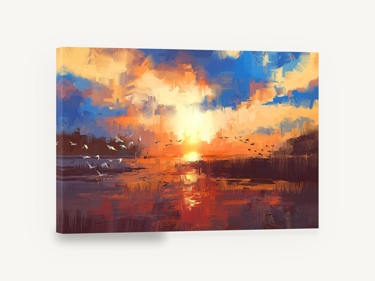 Sunset Over Reeds, lake sunset birds digital painting, landscape canvas wall art print ready to hang