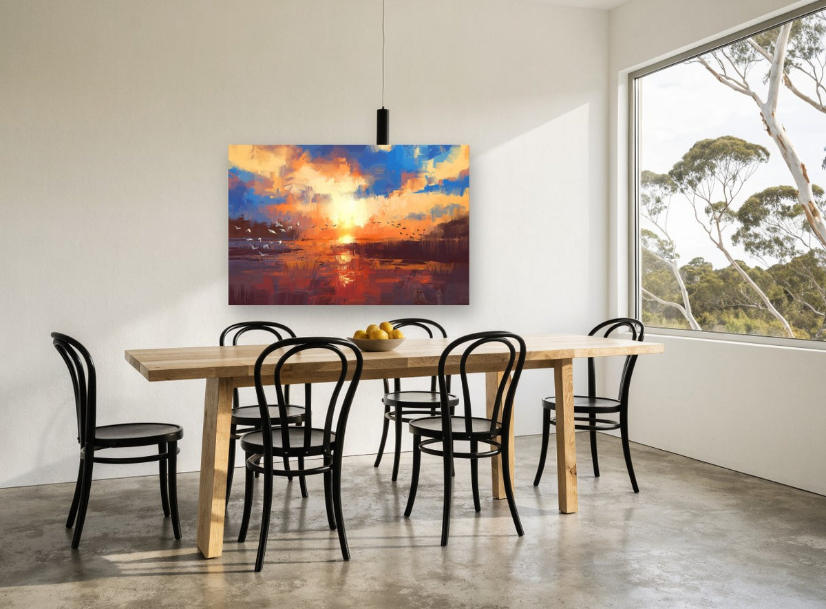 Sunset Over Reeds landscape canvas print on the wall of a dining room