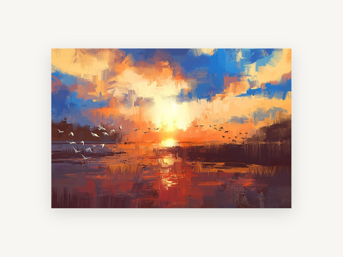 Sunset Over Reeds, lake sunset birds digital painting, landscape canvas wall art print, front view