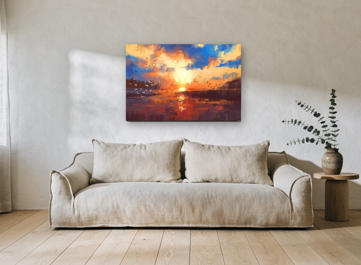 Sunset Over Reeds landscape canvas print on the wall of a living room