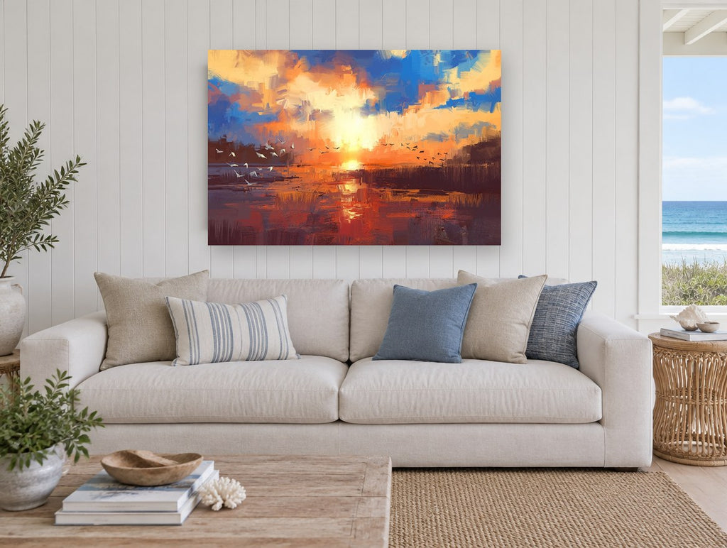 Sunset Over Reeds landscape canvas print on the wall of a beach house living room