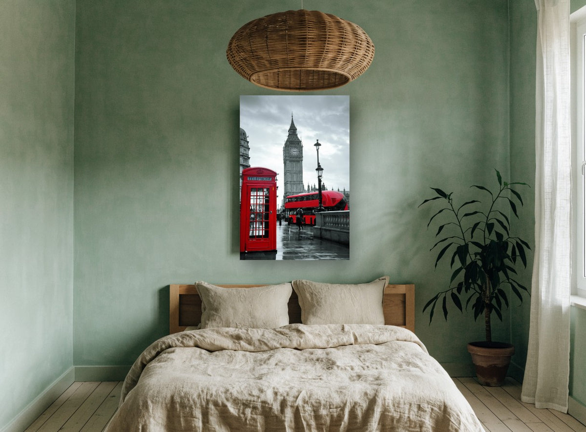 Red Westminster Rain city canvas print on the wall of a bedroom