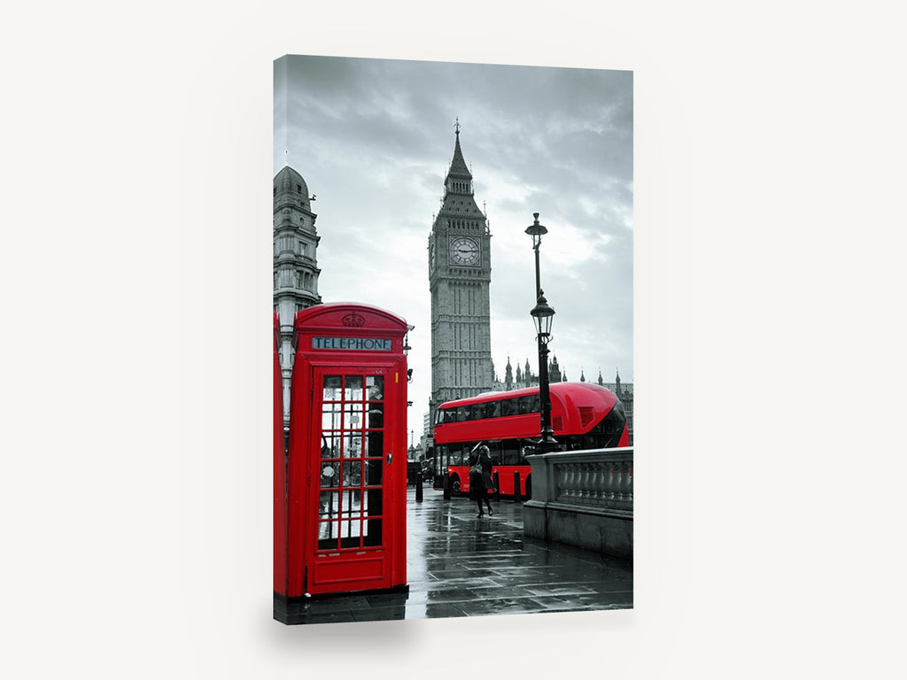 Red Westminster Rain, london red bus and phone box photograph, city canvas wall art print ready to hang