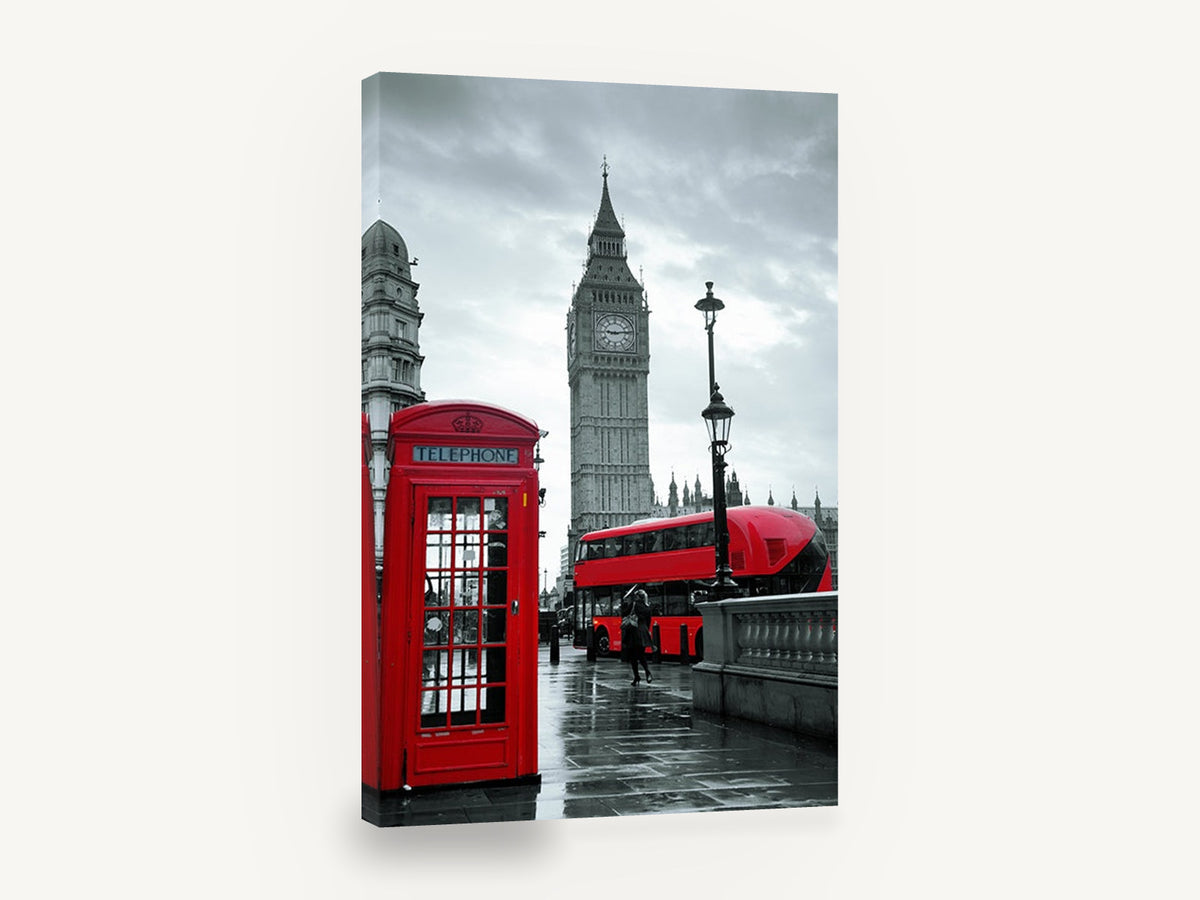 Red Westminster Rain, london red bus and phone box photograph, city canvas wall art print ready to hang