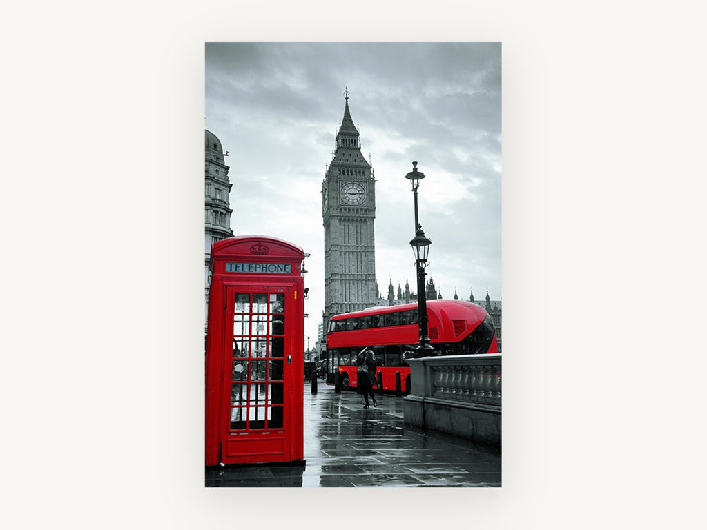 Red Westminster Rain, london red bus and phone box photograph, city canvas wall art print, front view