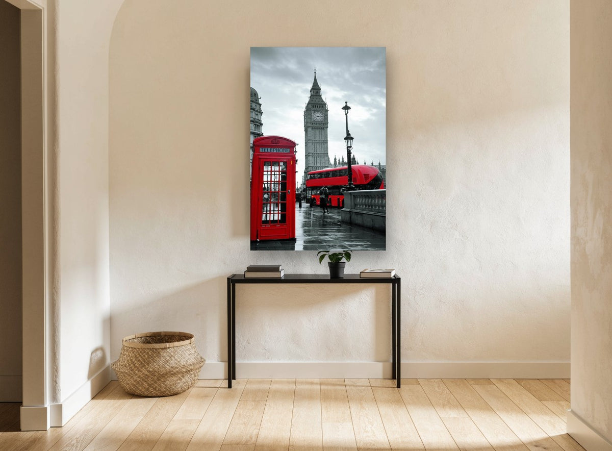 Red Westminster Rain city canvas print on the wall of a hallway