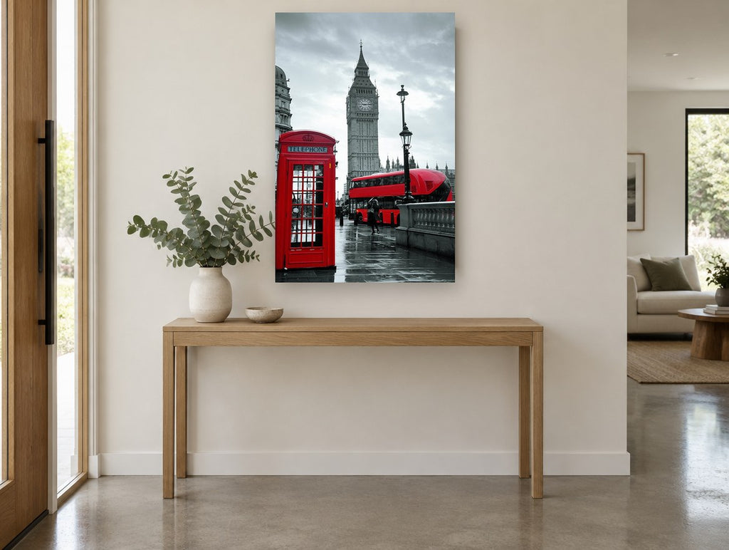 Red Westminster Rain city canvas print on the wall of a entry hall