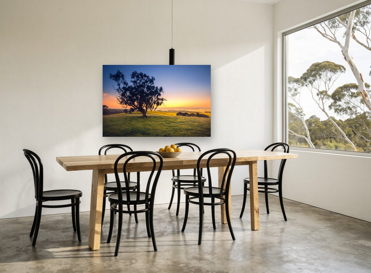 Gum Tree at Dawn landscape canvas print on the wall of a dining room