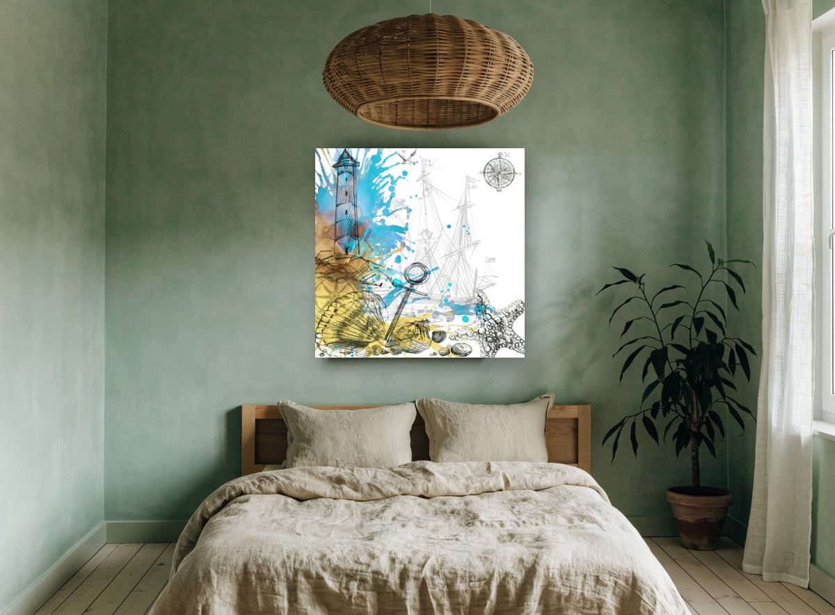 Lighthouse and Anchor Sketch vintage canvas print on the wall of a bedroom