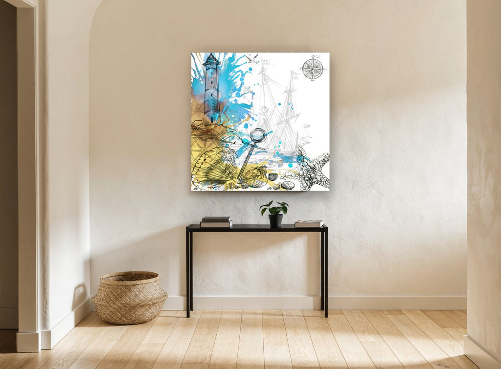 Lighthouse and Anchor Sketch vintage canvas print on the wall of a hallway