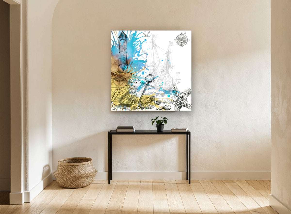 Lighthouse and Anchor Sketch vintage canvas print on the wall of a hallway