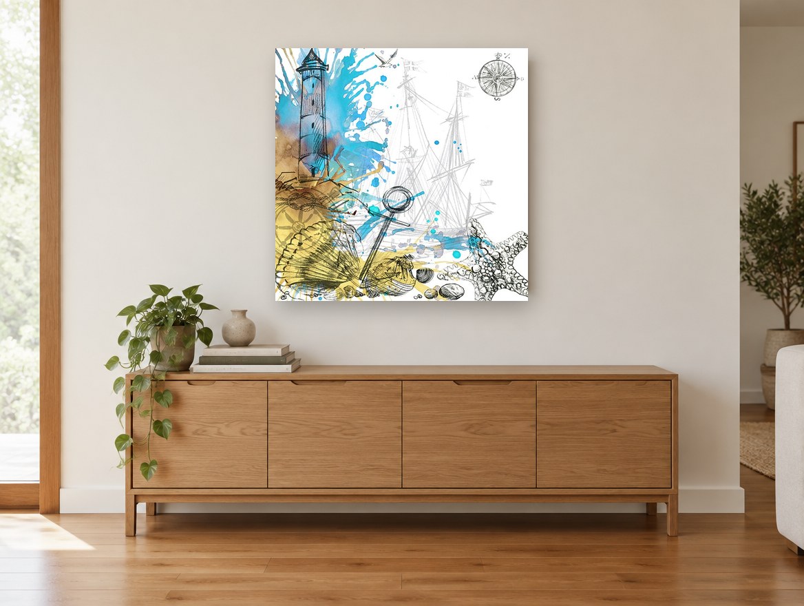 Lighthouse and Anchor Sketch vintage canvas print on the wall of a living room above a sideboard