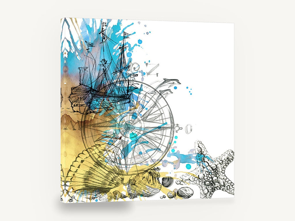 Compass and Sailing Ship, vintage nautical compass ship sketch, stretched canvas wall art print ready to hang