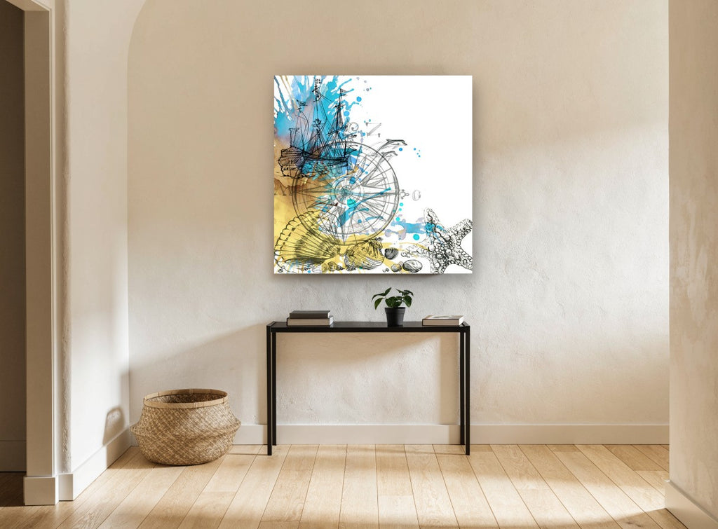 Compass and Sailing Ship vintage canvas print on the wall of a hallway