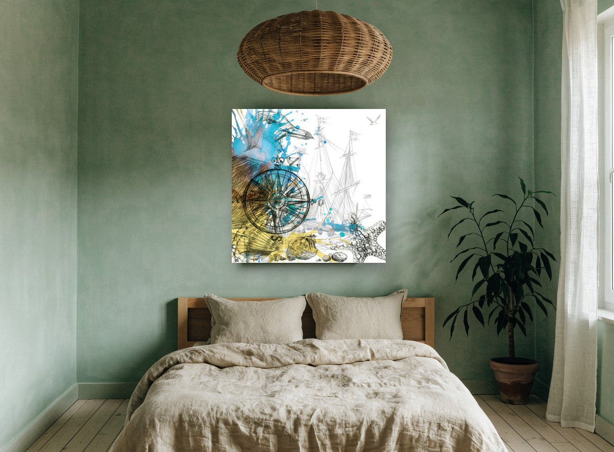 Compass and Tall Ships vintage canvas print on the wall of a bedroom