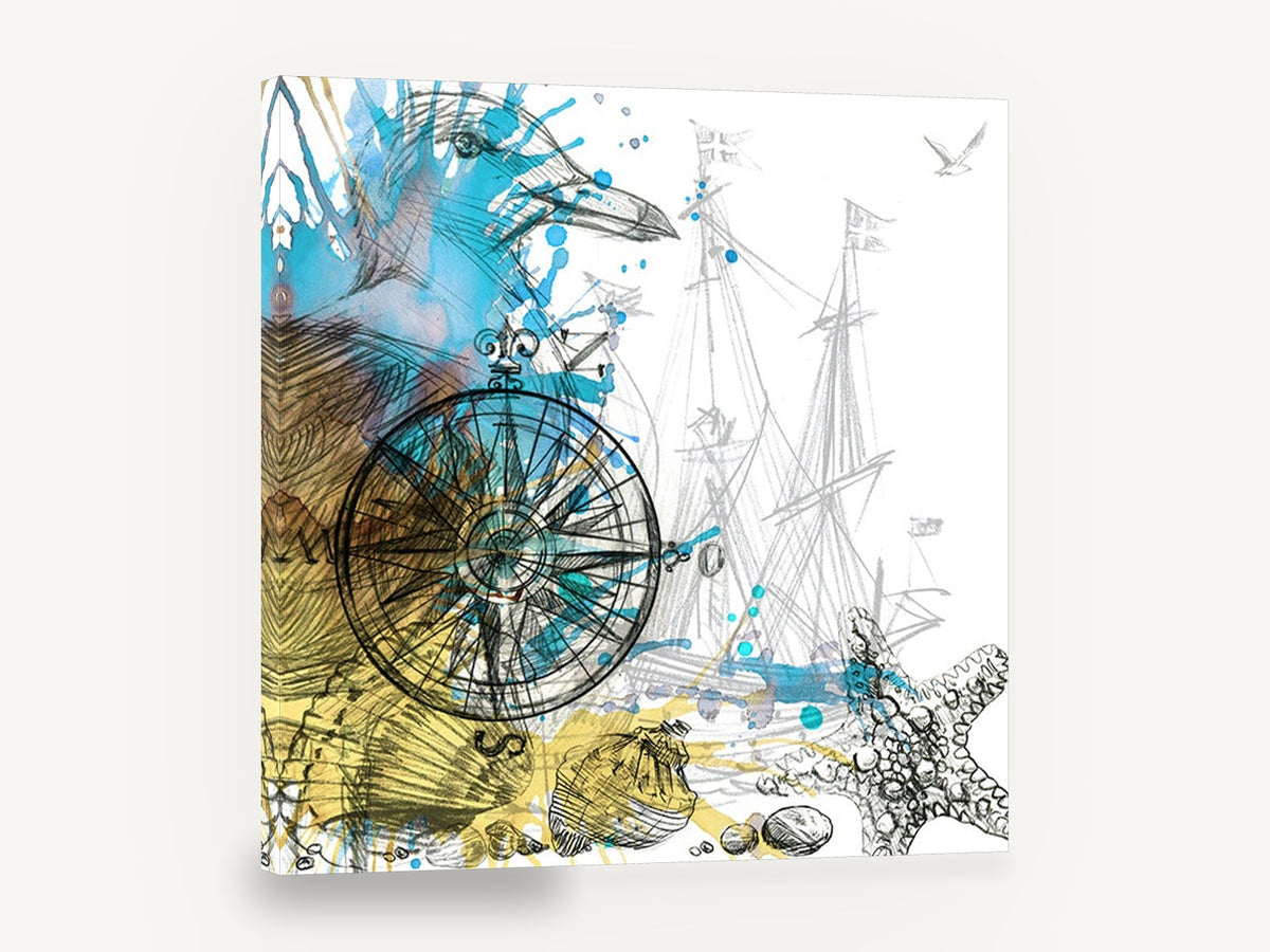 Compass and Tall Ships, vintage nautical compass sketch, stretched canvas wall art print ready to hang