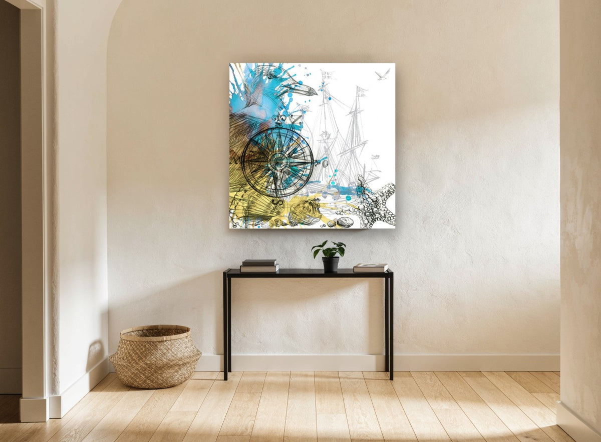 Compass and Tall Ships vintage canvas print on the wall of a hallway