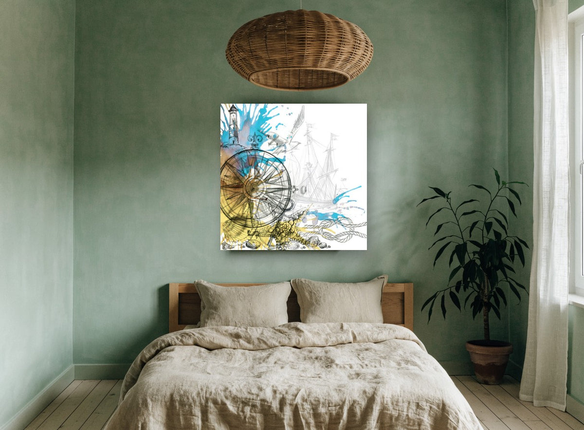 Compass and Tall Ship vintage canvas print on the wall of a bedroom