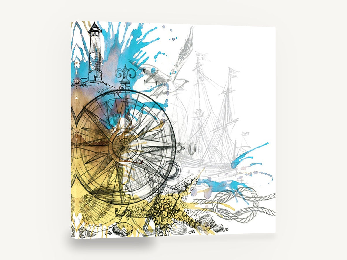 Compass and Tall Ship, vintage nautical compass sketch, stretched canvas wall art print ready to hang