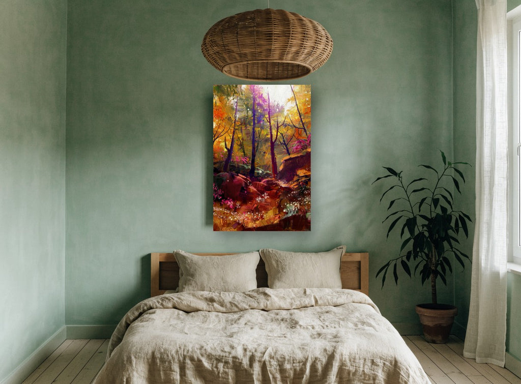 Amber Woodland Glow landscape canvas print on the wall of a bedroom
