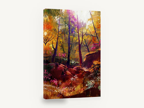 Amber Woodland Glow, autumn forest sunlight digital artwork, landscape canvas wall art print ready to hang