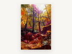Amber Woodland Glow, autumn forest sunlight digital artwork, landscape canvas wall art print, front view
