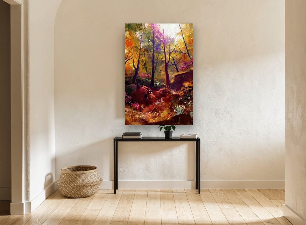 Amber Woodland Glow landscape canvas print on the wall of a hallway