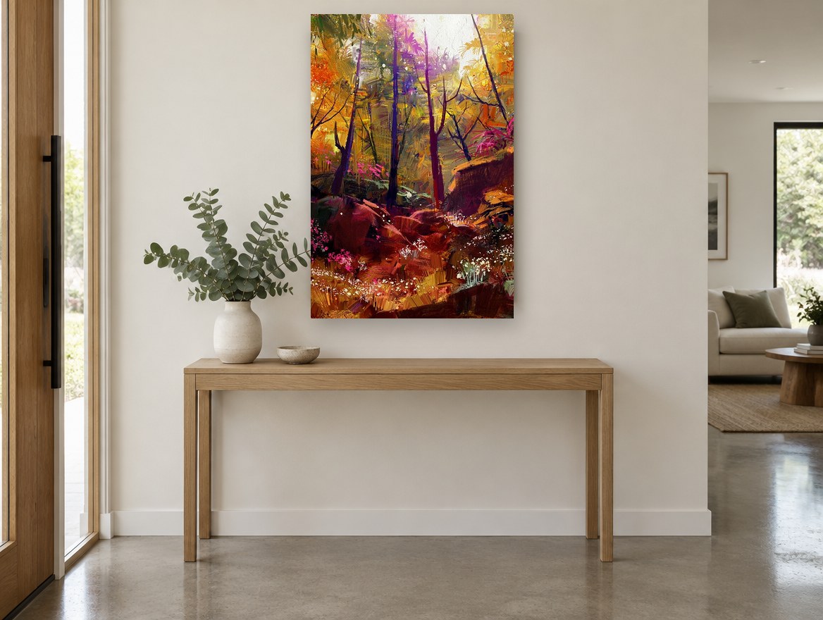 Amber Woodland Glow landscape canvas print on the wall of a entry hall