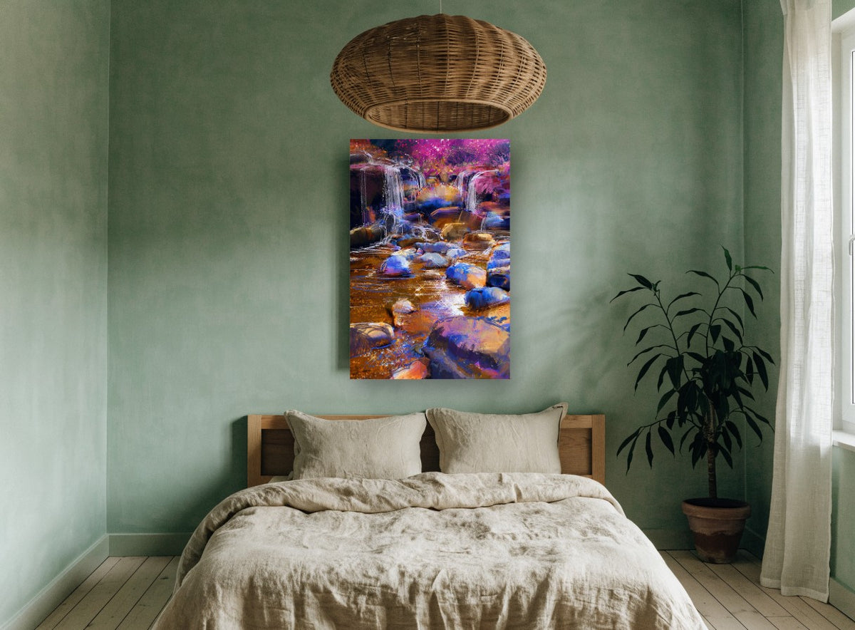 Violet Cascade Stones landscape canvas print on the wall of a bedroom
