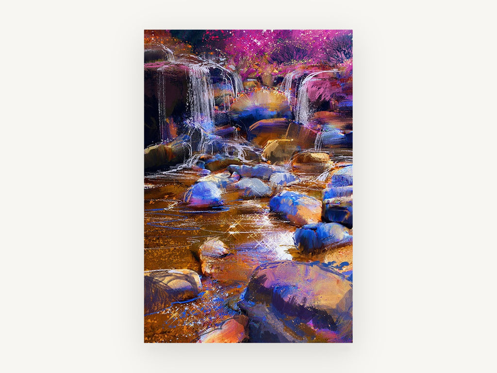 Violet Cascade Stones, colourful waterfall stream digital artwork, landscape canvas wall art print, front view