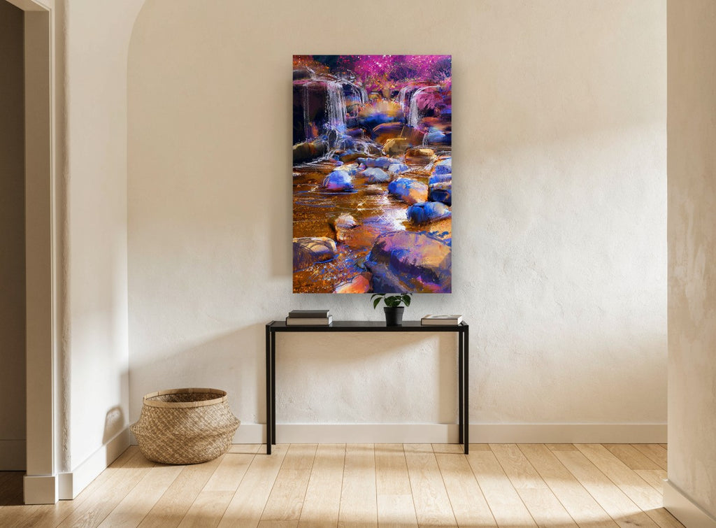 Violet Cascade Stones landscape canvas print on the wall of a hallway