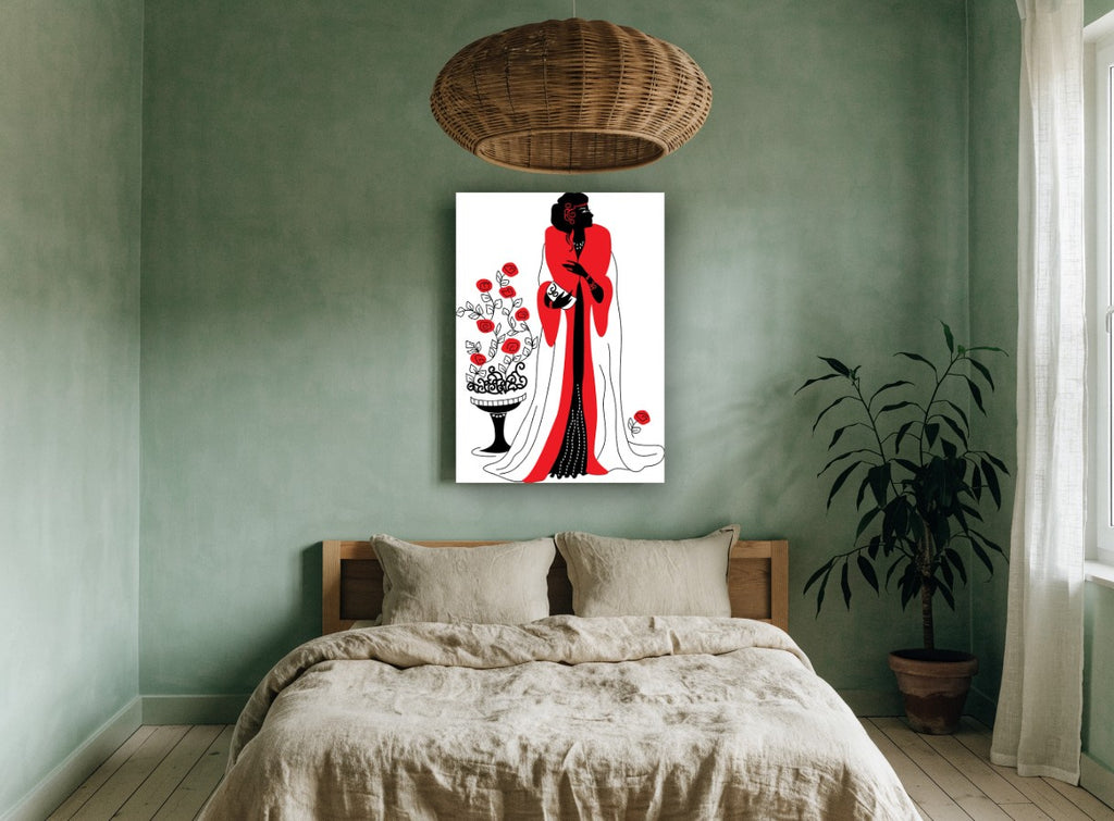 Lady in Scarlet Wrap vintage canvas print on the wall of a bedroom