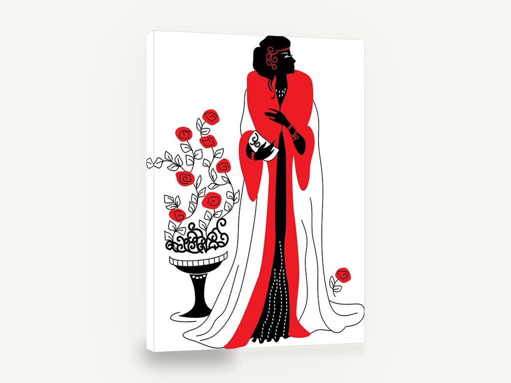 Lady in Scarlet Wrap, retro art deco fashion lady, stretched canvas wall art print ready to hang